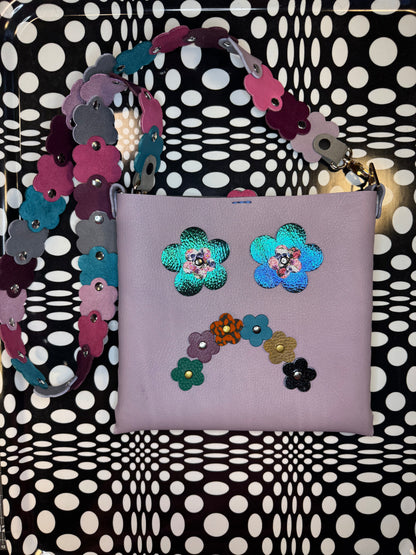 Mood Swing Bag | Reversible Happy Face & Sad Face Handmade Leather Bag with Flower Strap