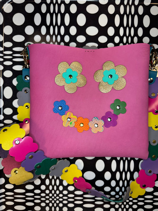 Mood Swing Bag | Reversible Happy Face & Sad Face Handmade Leather Bag with Flower Strap