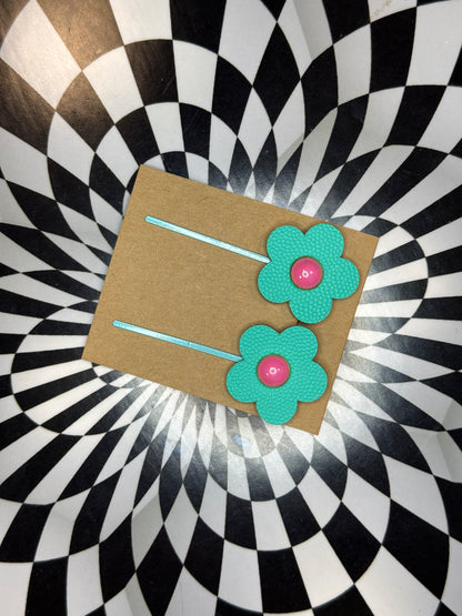Hair thingies! Leather Bobby pin hair clips with flowers or stars!