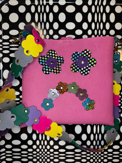 Mood Swing Bag | Reversible Happy Face & Sad Face Handmade Leather Bag with Flower Strap