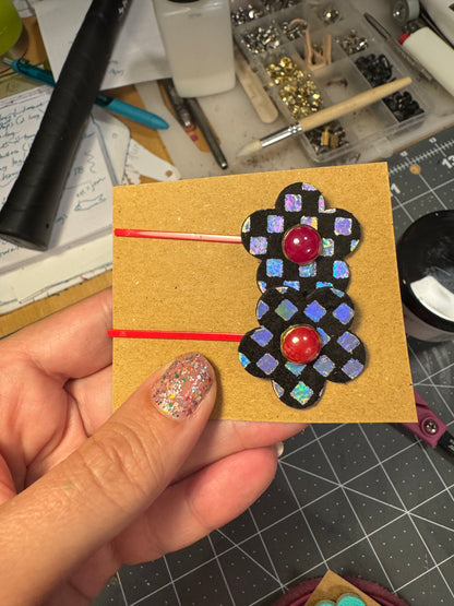 Colorful Leather Flower & Star Bobby Pins – Handmade Hair Clips! Hair thingies!