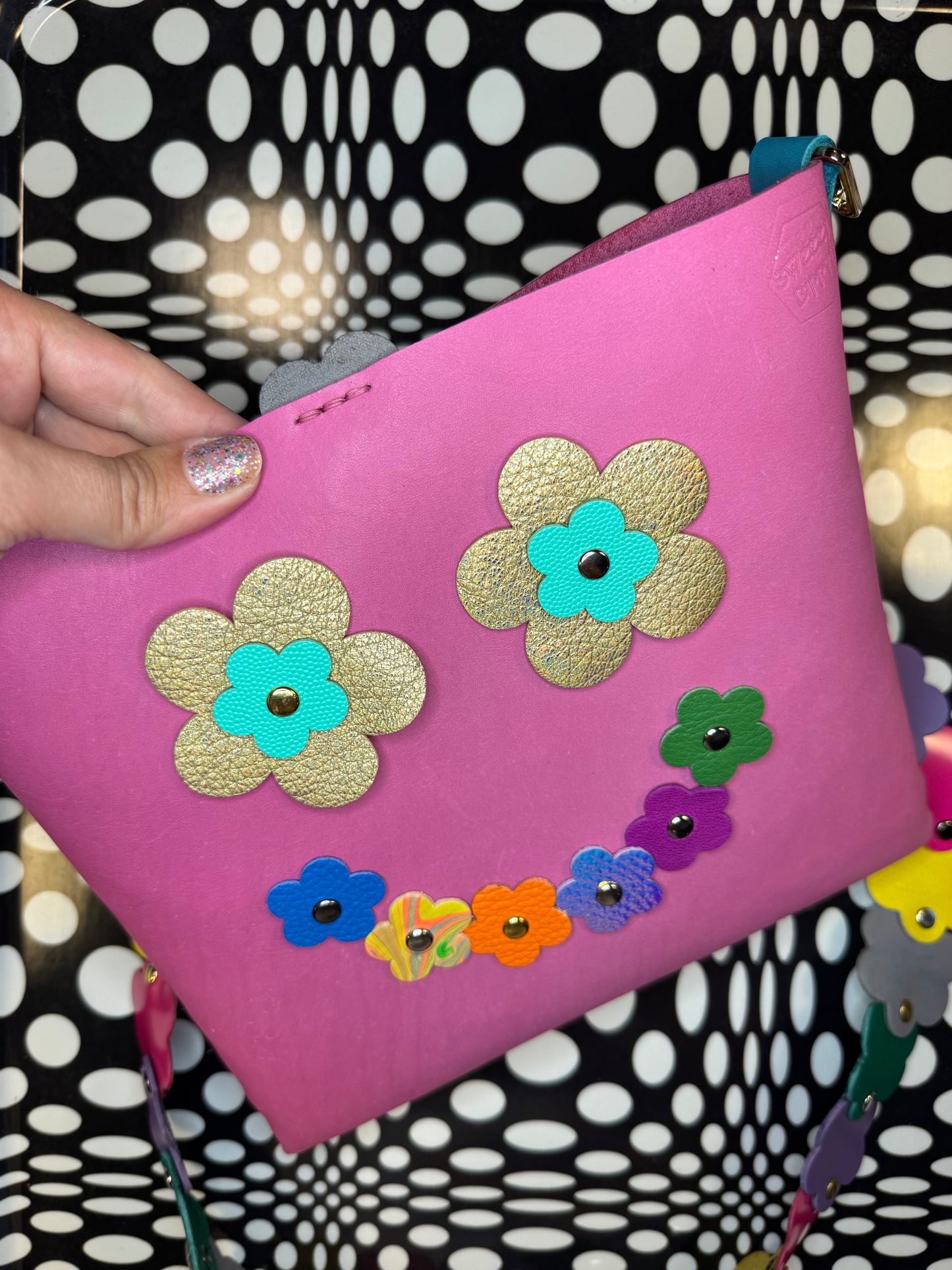 Mood Swing Bag | Reversible Happy Face & Sad Face Handmade Leather Bag with Flower Strap