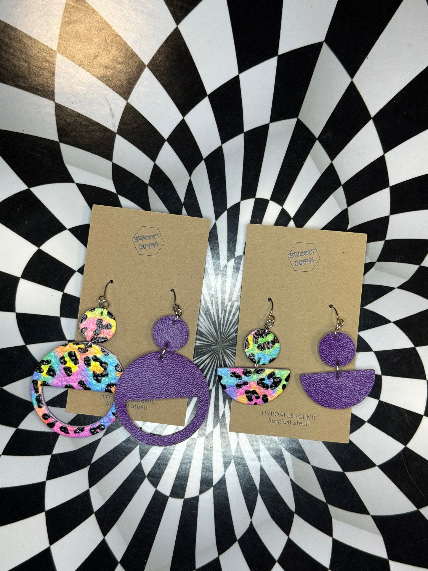 Totally 90’s leather earrings! Checkerboard or Lisa Franky leather rainbow leopard print circle earrings!