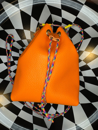 The Wombler! Paracord drawstring bucket bag! Hand sewn leather crossbody catch all purse!