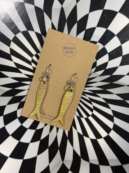 Sardine girl summer leather fish earrings! Lightweight hypoallergenic surgical steel hooks!