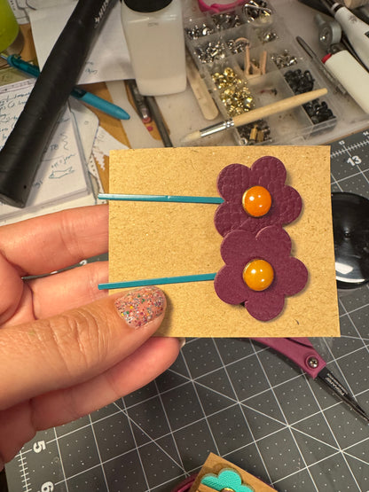 Colorful Leather Flower & Star Bobby Pins – Handmade Hair Clips! Hair thingies!