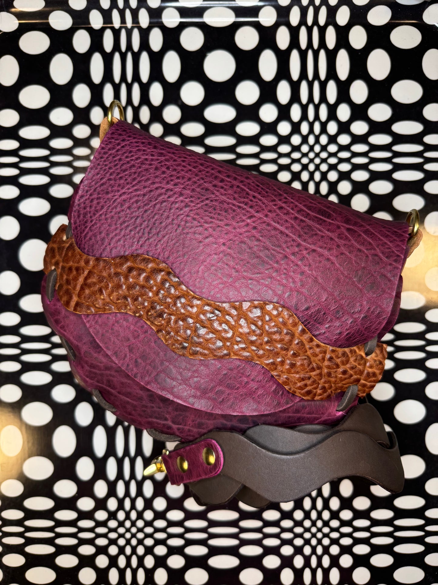 Laced leather saddle bag! One of a kind shoulder purse with wavy squiggly strap! Hand made, hand painted, shrunken bison or veg tan leather