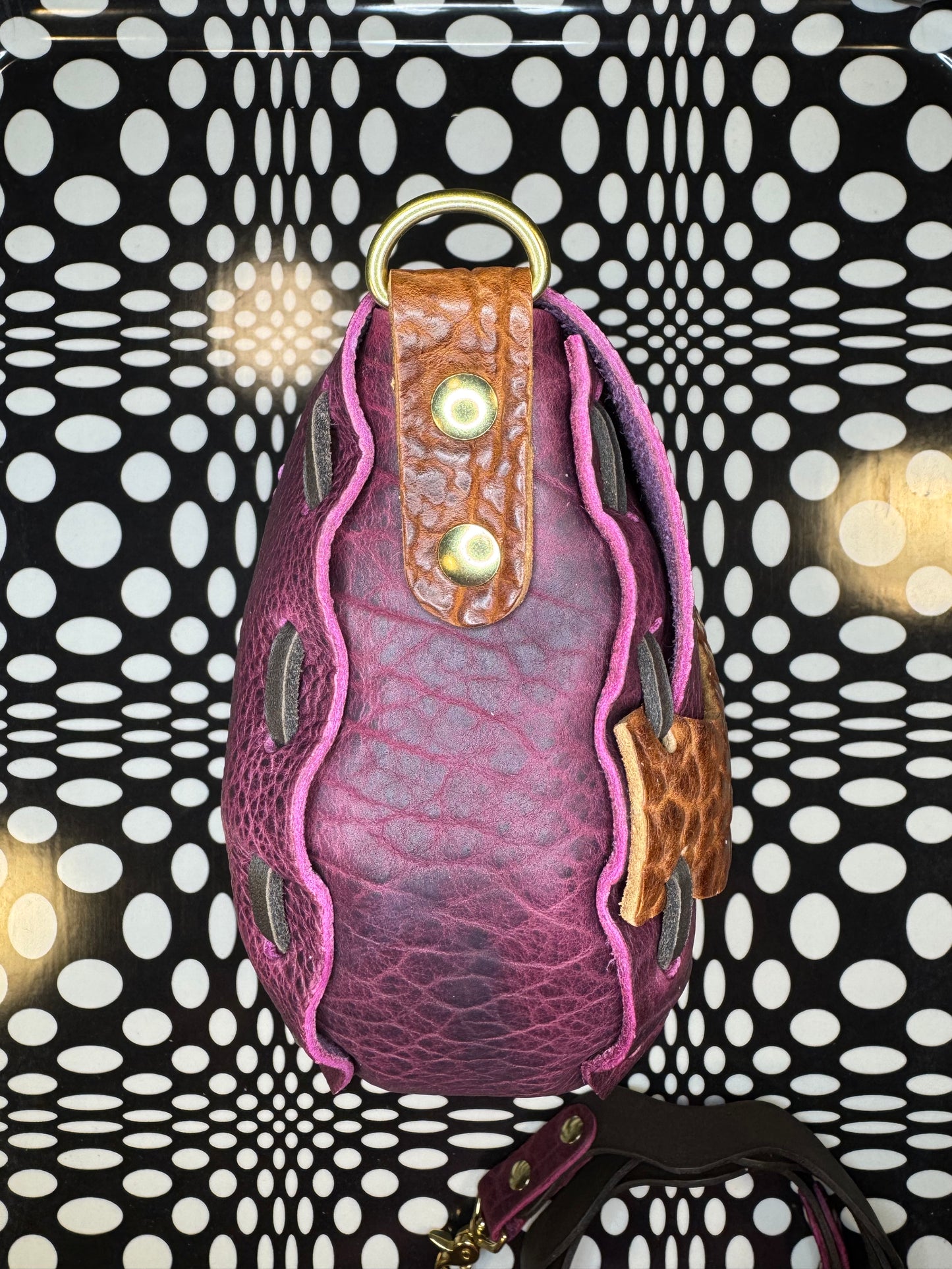 Laced leather saddle bag! One of a kind shoulder purse with wavy squiggly strap! Hand made, hand painted, shrunken bison or veg tan leather