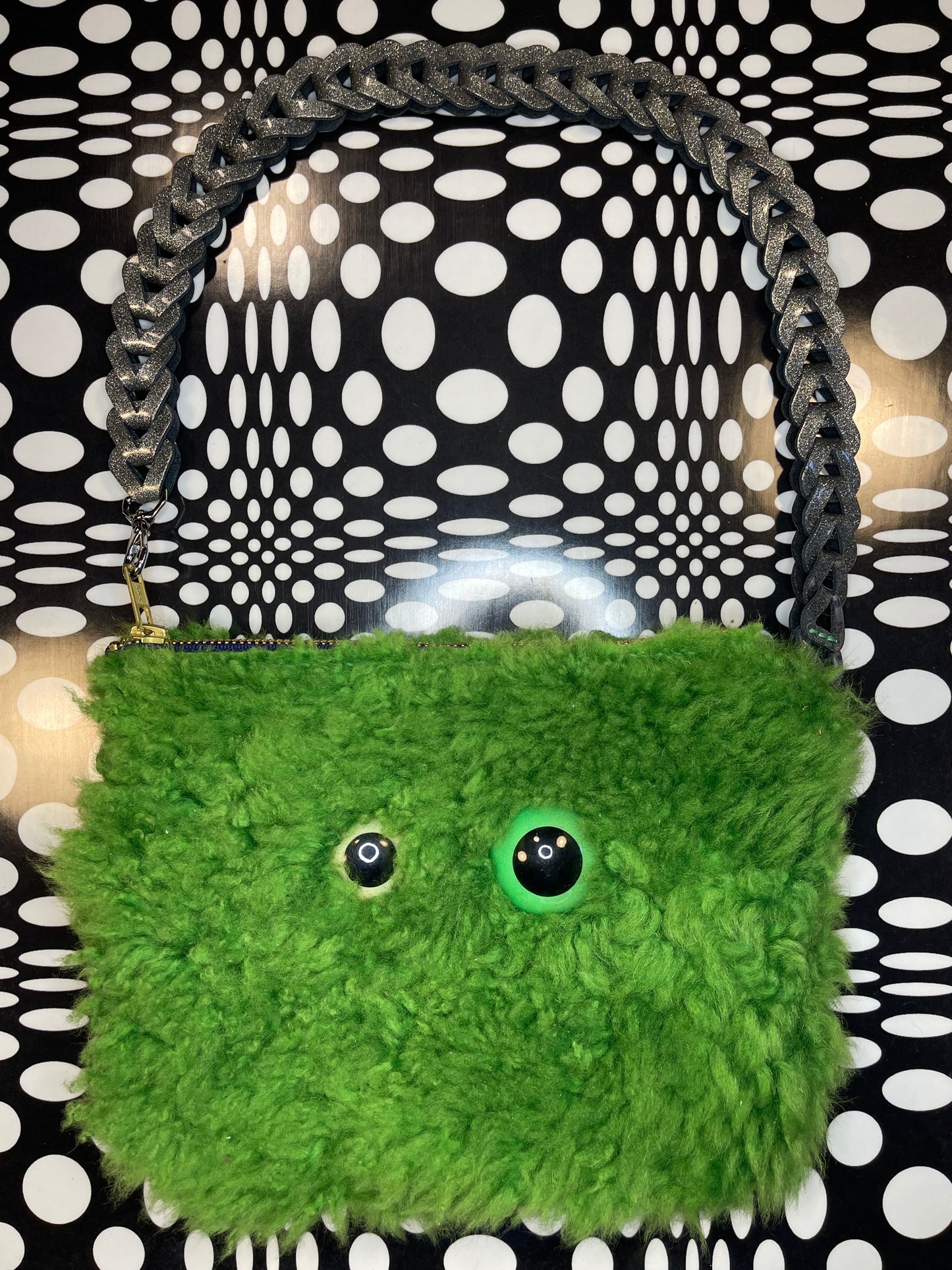 Fuzzy Monster Hand sewn shearling leather wristlet/shoulder bag! Fun retro strap!