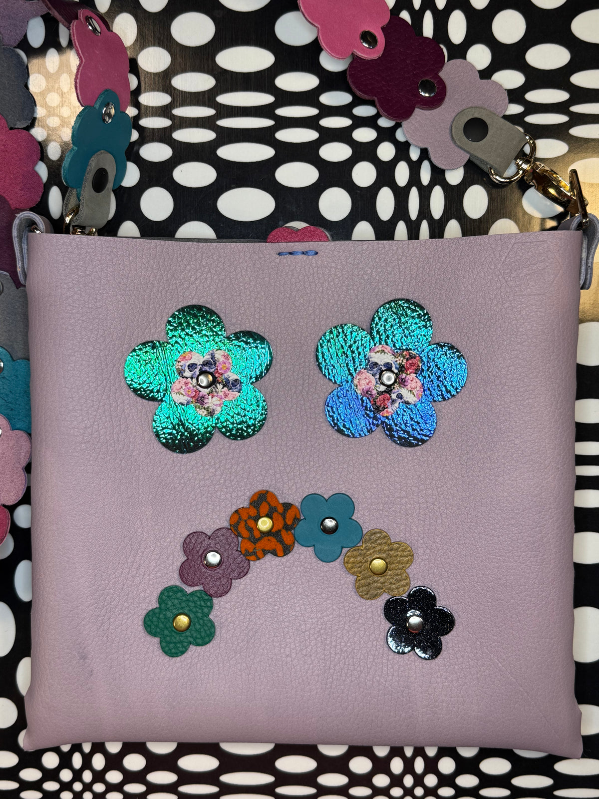 Mood Swing Bag | Reversible Happy Face & Sad Face Handmade Leather Bag with Flower Strap
