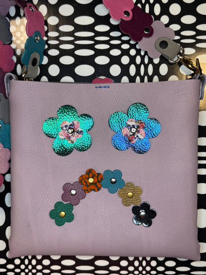 Mood Swing Bag | Reversible Happy Face & Sad Face Handmade Leather Bag with Flower Strap