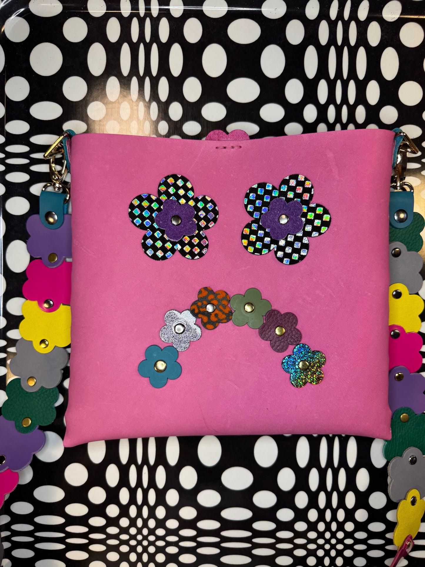 Mood Swing Bag | Reversible Happy Face & Sad Face Handmade Leather Bag with Flower Strap