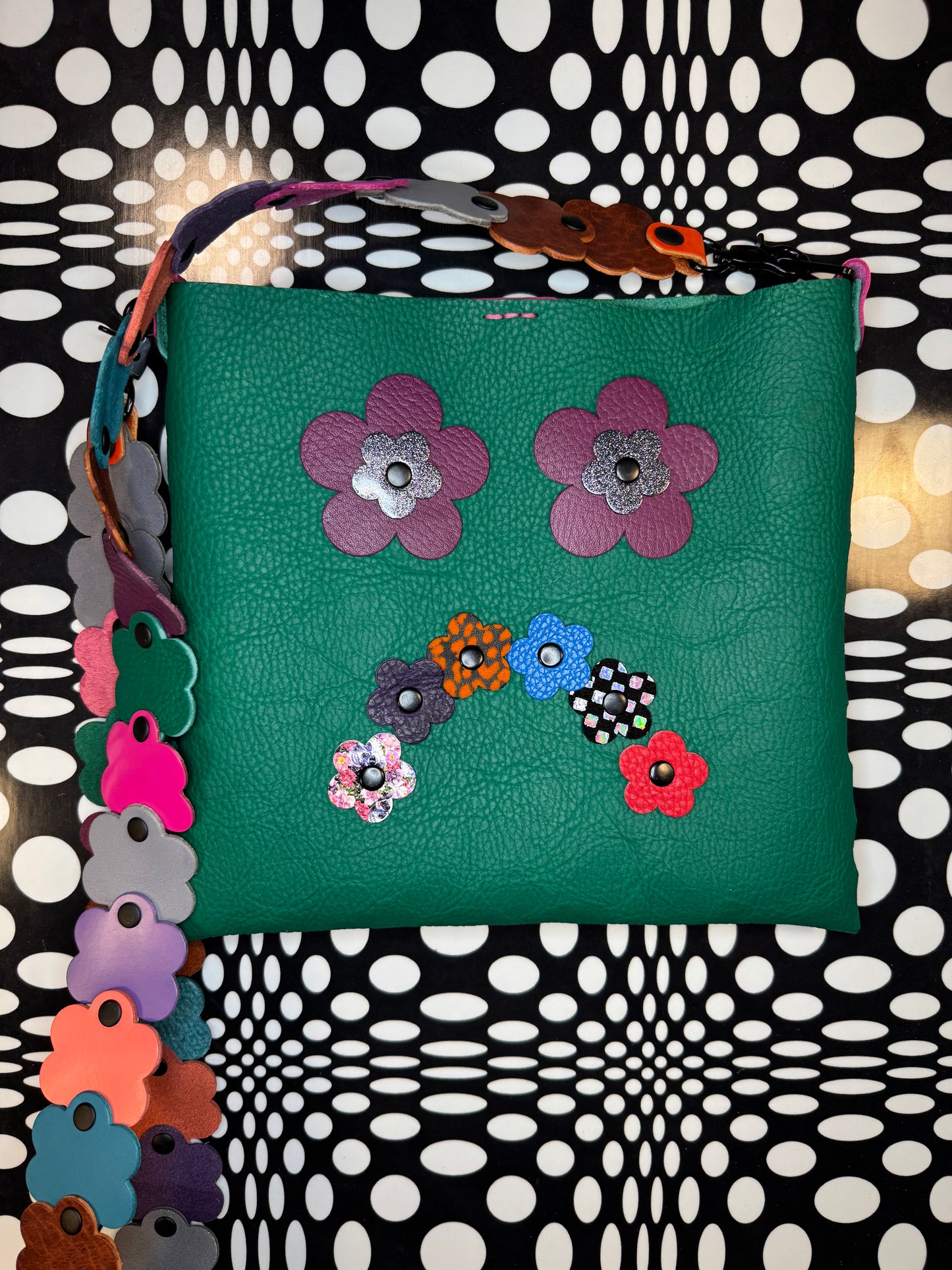 Mood Swing Bag | Reversible Happy Face & Sad Face Handmade Leather Bag with Flower Strap