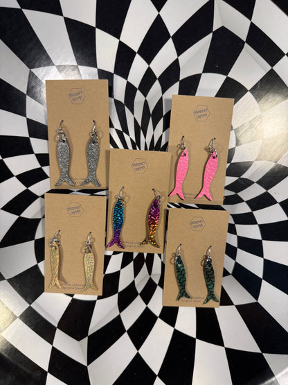 Sardine girl summer leather fish earrings! Lightweight hypoallergenic surgical steel hooks!