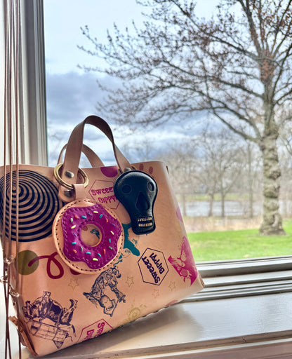 Feelin’ Groovy thick veg tan laced tote bag! One of a kind stamped leather unique satchel!