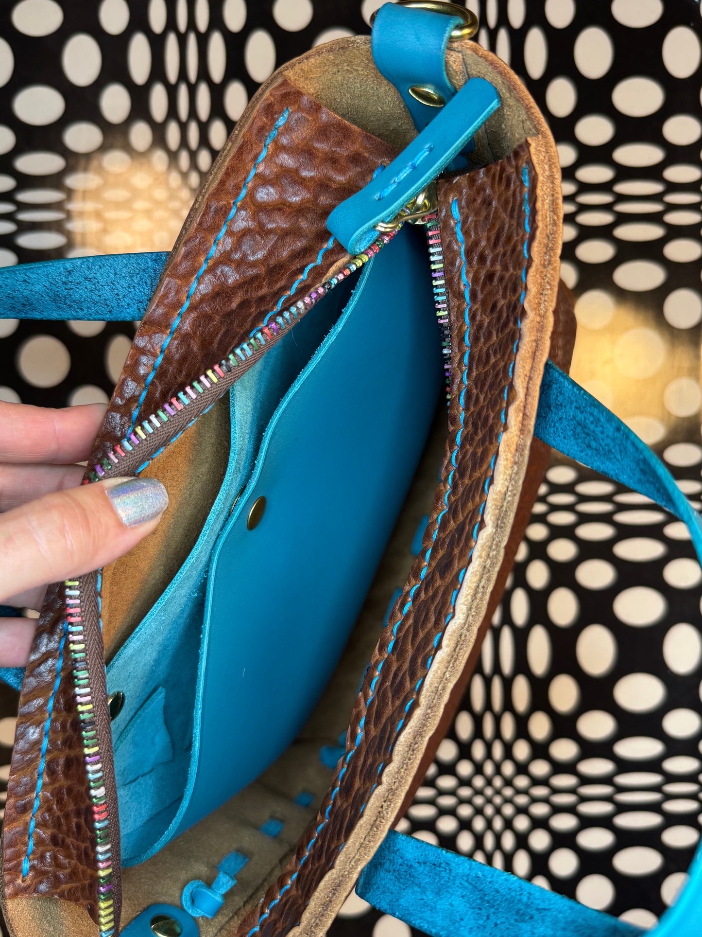 Small Johnny Two Bags! Hand sewn leather zip top laced tote bag! Work purse, travel carry on!