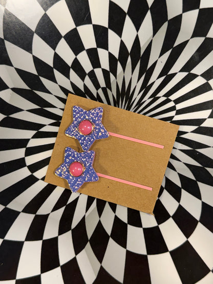 Colorful Leather Flower & Star Bobby Pins – Handmade Hair Clips! Hair thingies!