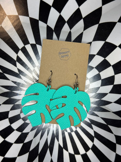 Monstera leather earrings! Surgical steel hooks = safe for everyone! Assorted colored leather tropical leaf earrings