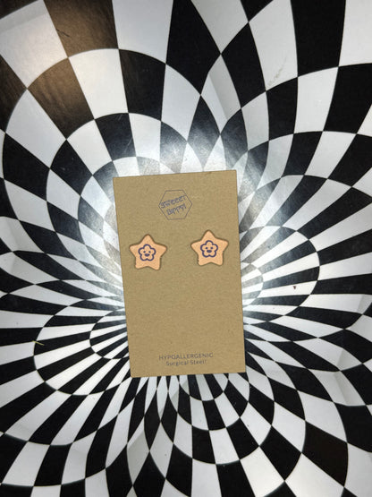 Star and heart leather earrings! Surgical steel stud post hypoallergenic marble dyed one of a kind