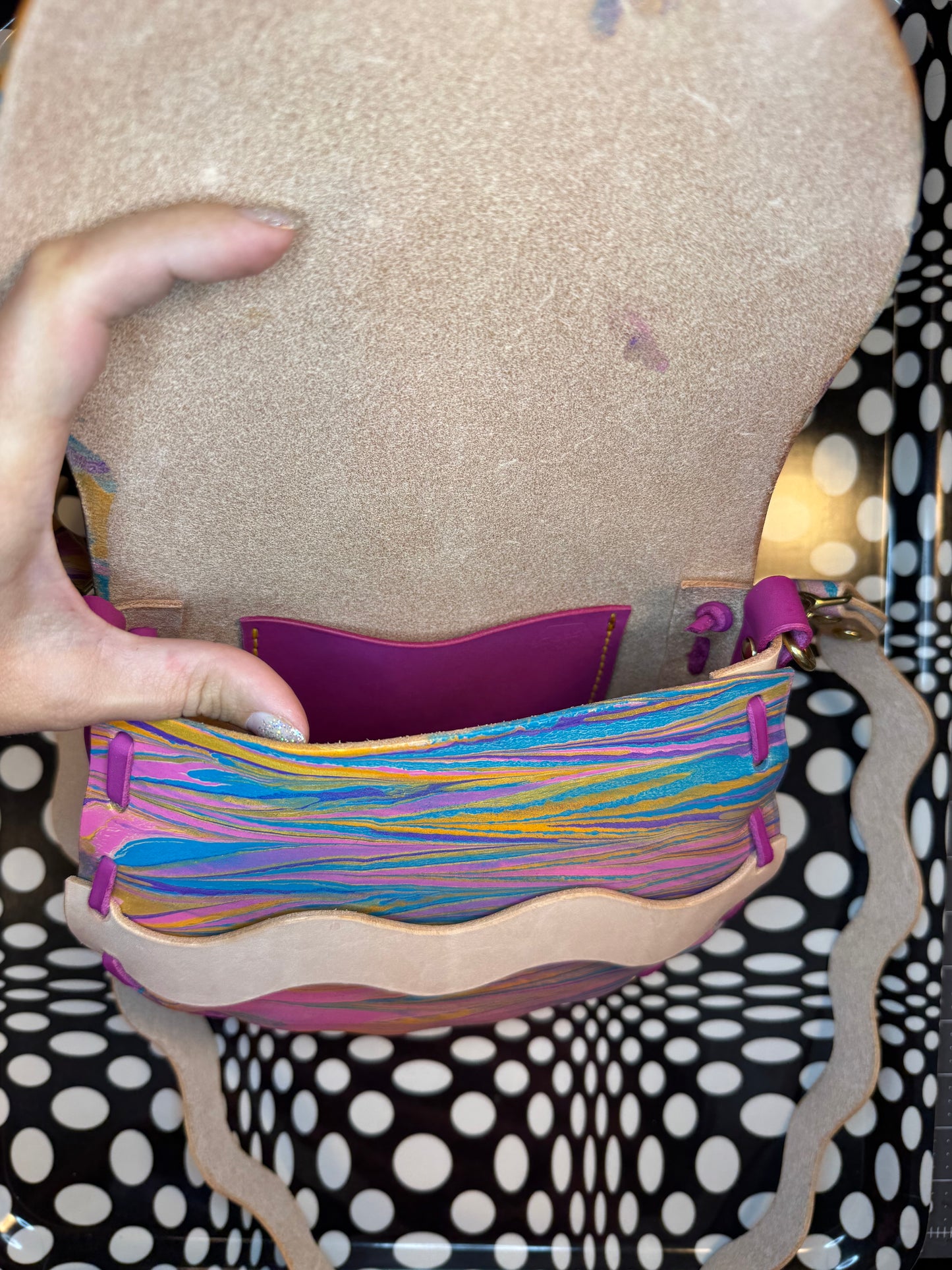 laced saddle bag marbled handmade
