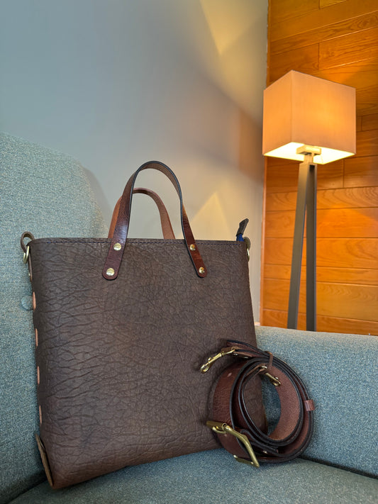 J2B! Johnny Two Bags! Hand sewn leather zip top laced tote bag! Work purse, travel carry on!