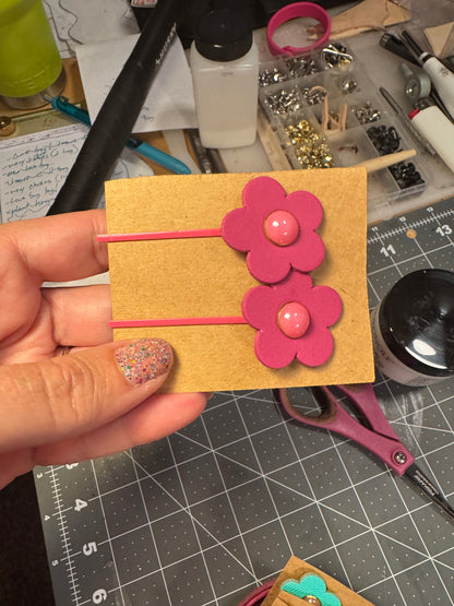 Colorful Leather Flower & Star Bobby Pins – Handmade Hair Clips! Hair thingies!
