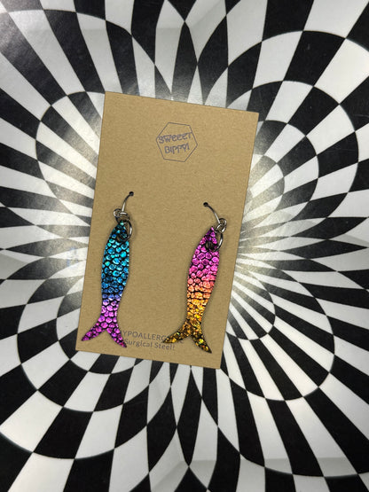 Sardine girl summer leather fish earrings! Lightweight hypoallergenic surgical steel hooks!