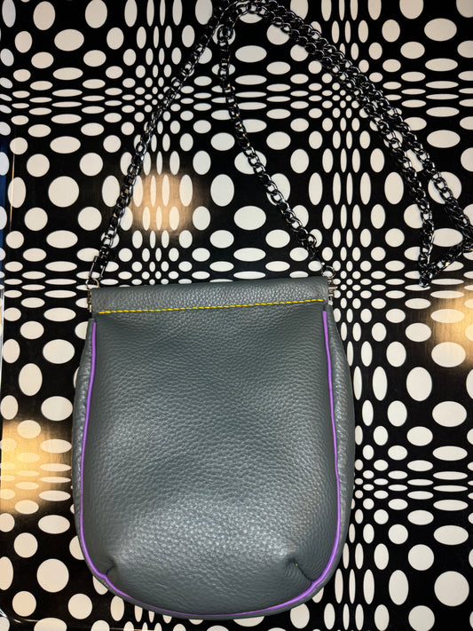 Eeyore grey hand sewn leather crossbody purse WITH lambskin piping! Internal flex frame opening!