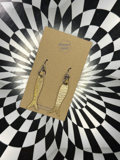 Sardine girl summer leather fish earrings! Lightweight hypoallergenic surgical steel hooks!