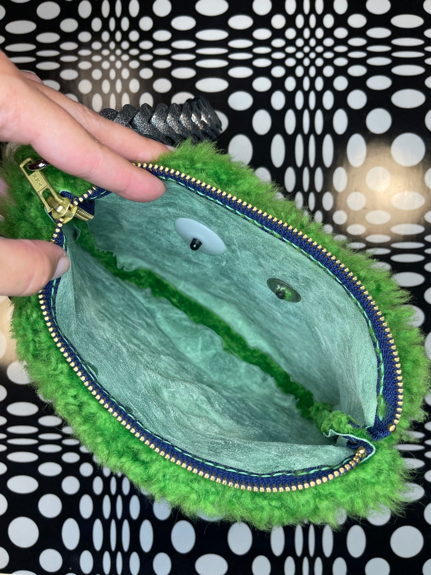 Fuzzy Monster Hand sewn shearling leather wristlet/shoulder bag! Fun retro strap!