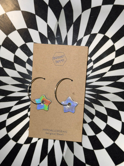 Hoop earrings with leather flowers or stars! Hypoallergenic surgical steel lightweight