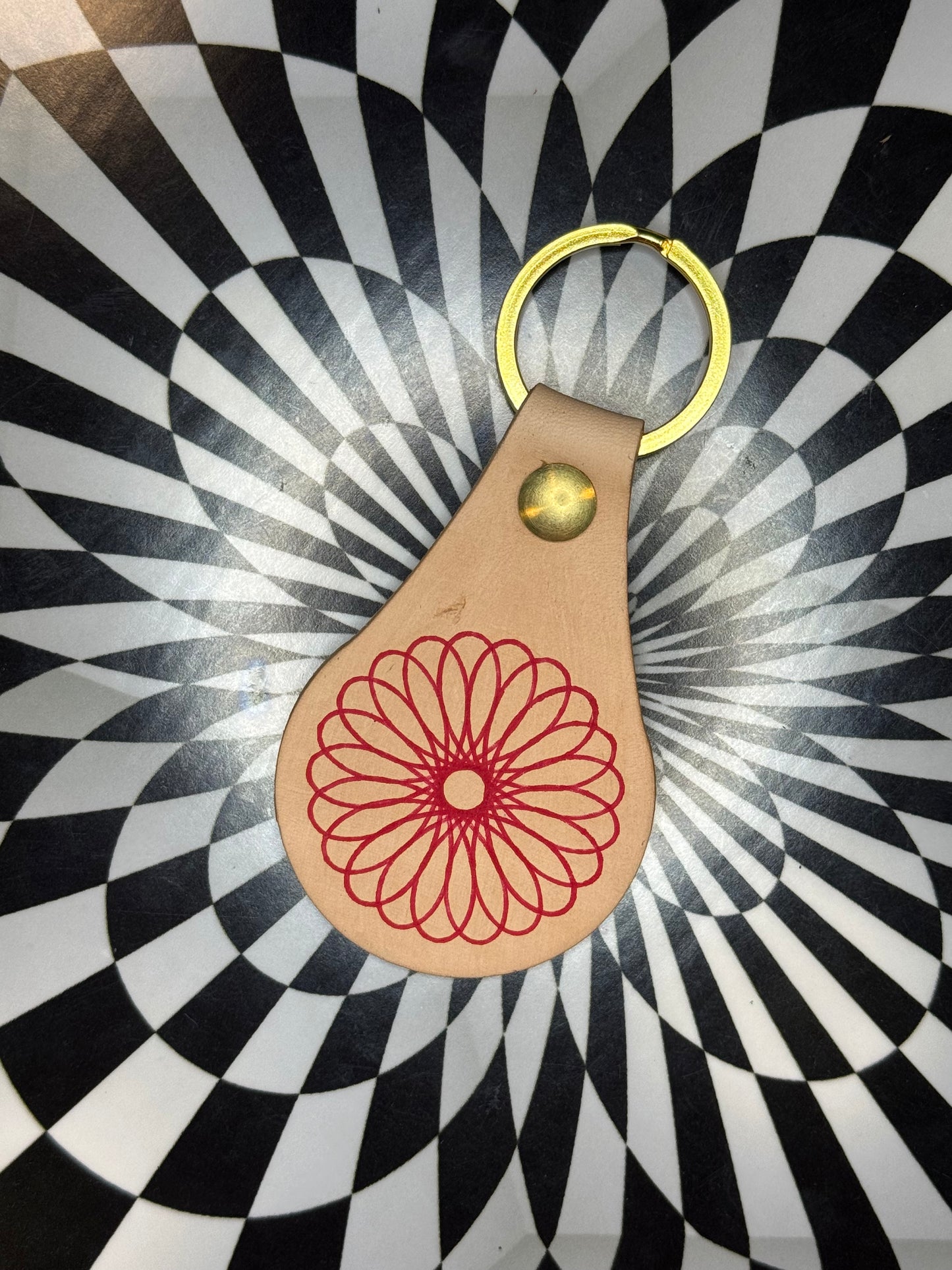 Spirograph Leather Keychain | Hand Stamped Veg Tan Leather Key Fob