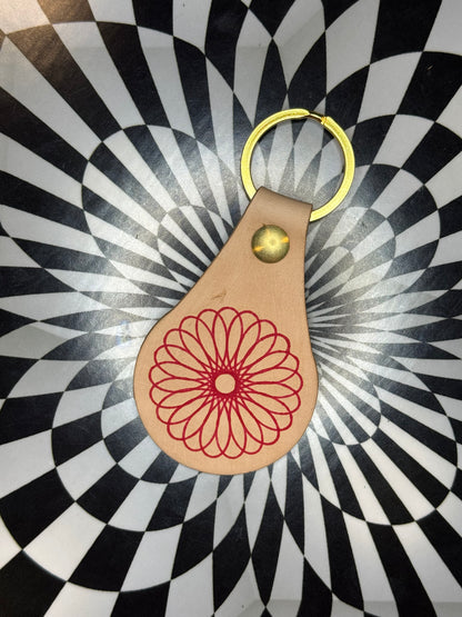 Spirograph Leather Keychain | Hand Stamped Veg Tan Leather Key Fob
