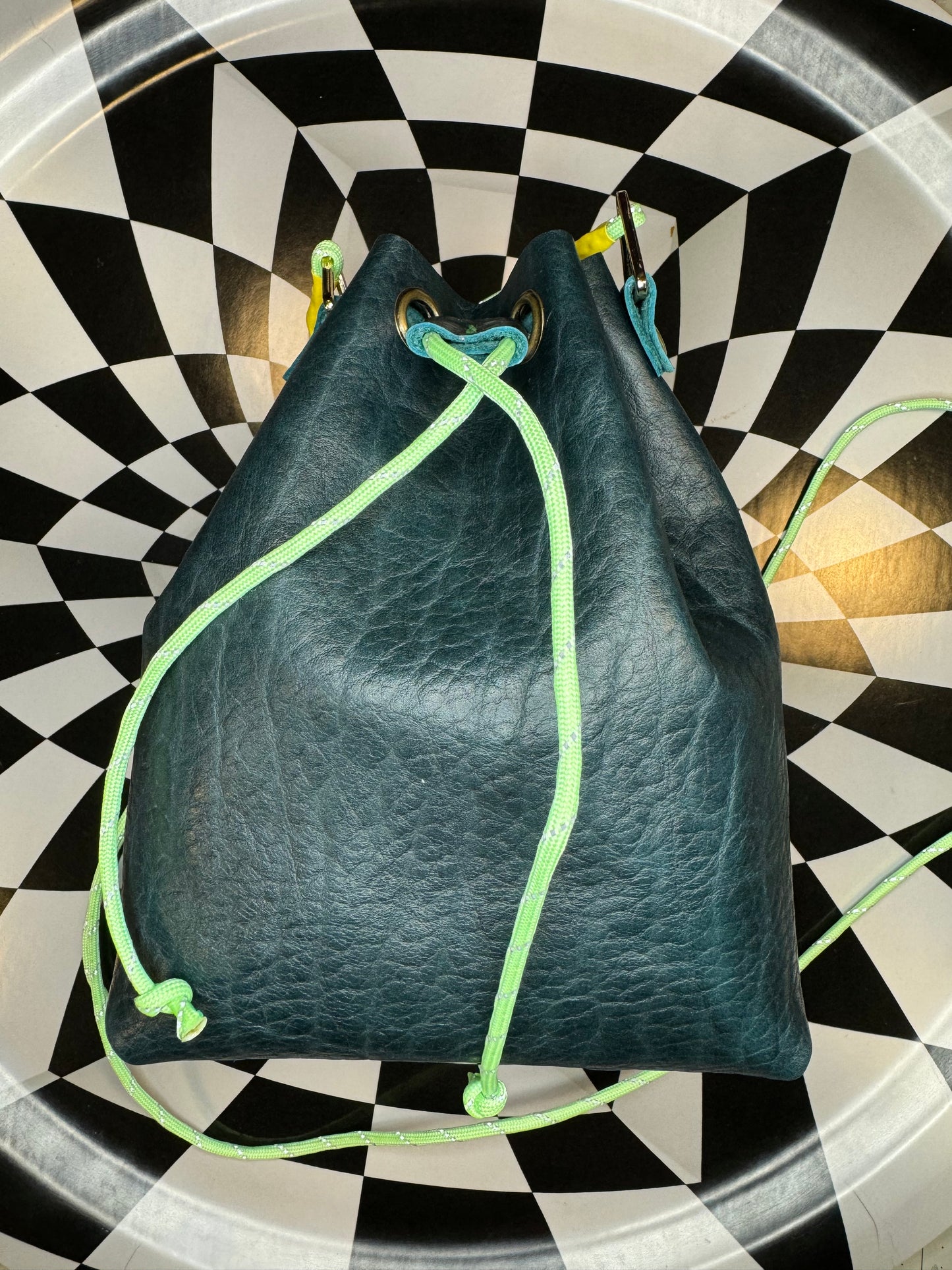 The Wombler! Paracord drawstring bucket bag! Hand sewn leather crossbody catch all purse!