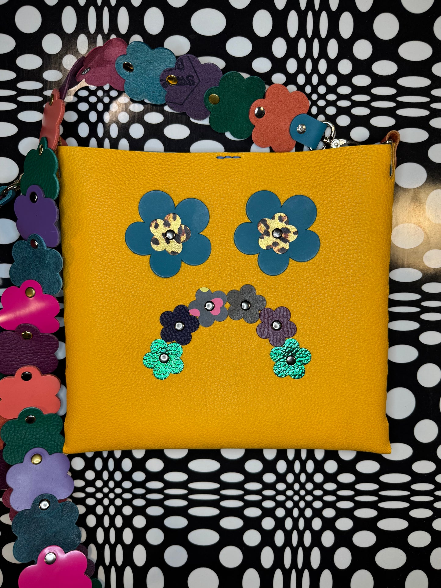 Mood Swing Bag | Reversible Happy Face & Sad Face Handmade Leather Bag with Flower Strap