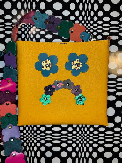Mood Swing Bag | Reversible Happy Face & Sad Face Handmade Leather Bag with Flower Strap