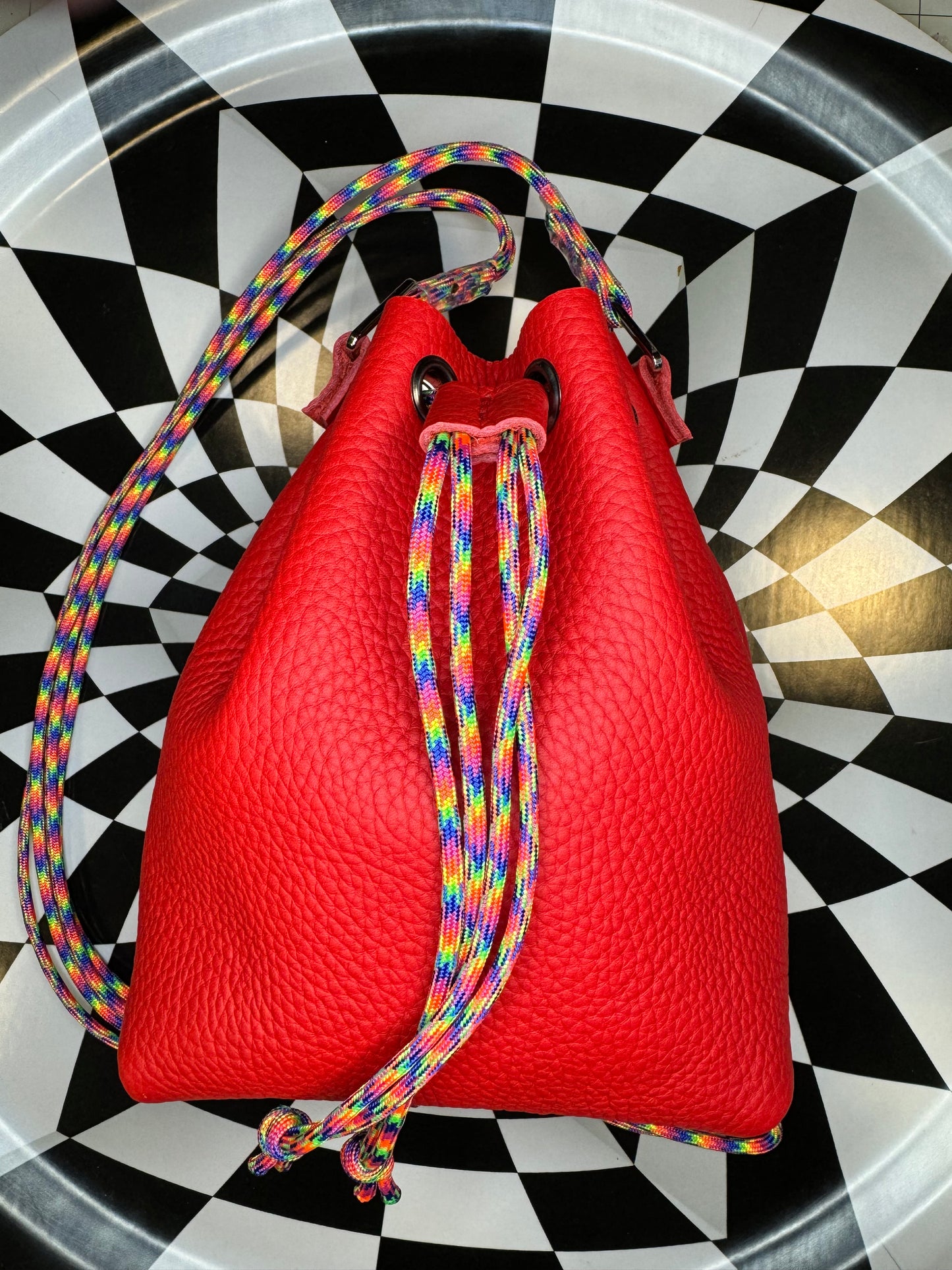 The Wombler! Paracord drawstring bucket bag! Hand sewn leather crossbody catch all purse!