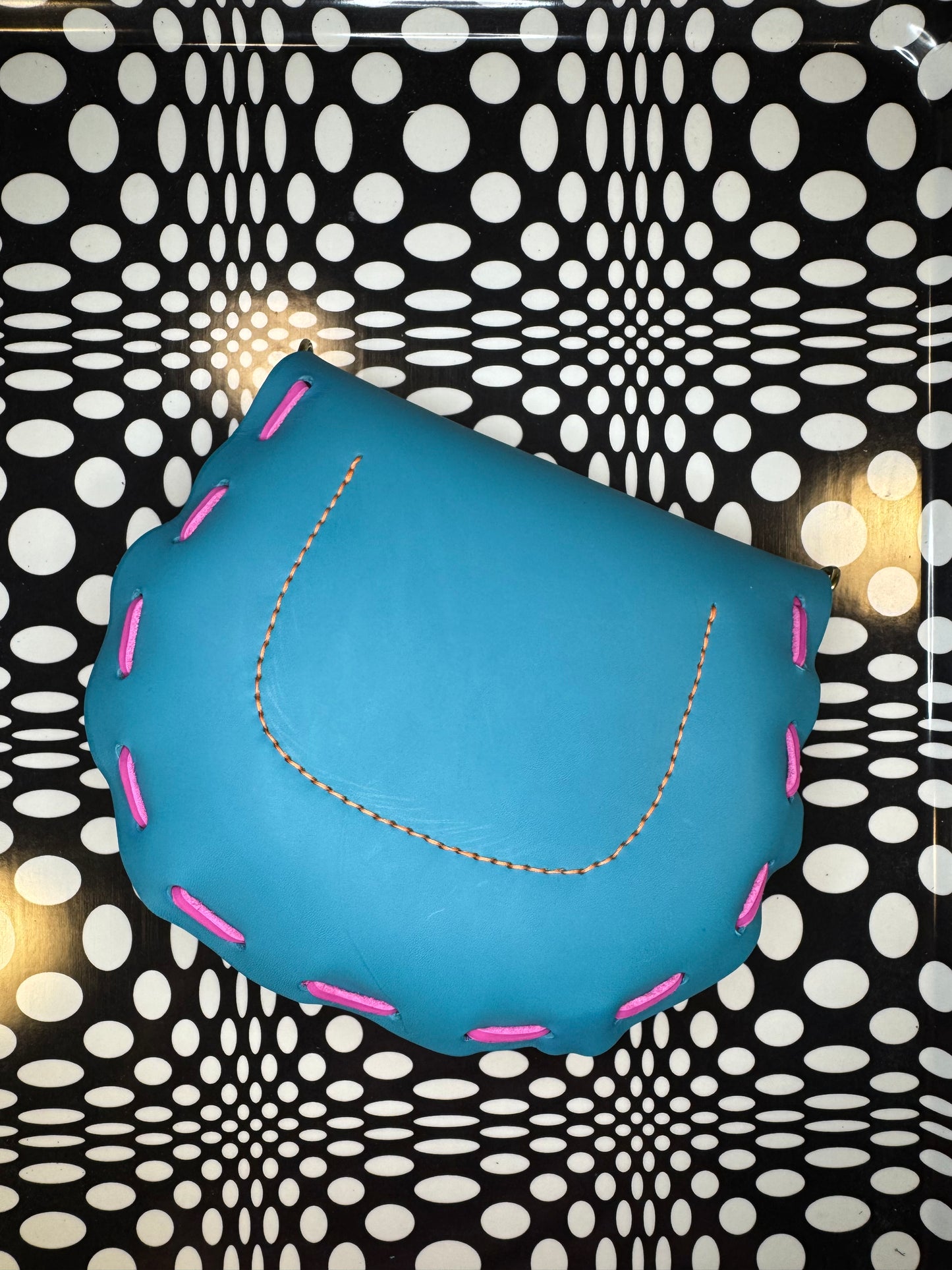 Laced leather saddle bag! One of a kind shoulder purse with wavy squiggly strap! Hand made, hand painted, shrunken bison or veg tan leather