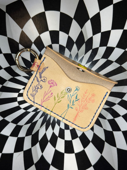 Veg Tan stamped one of a kind Lilia slim key ring card case/ unisex wallet!