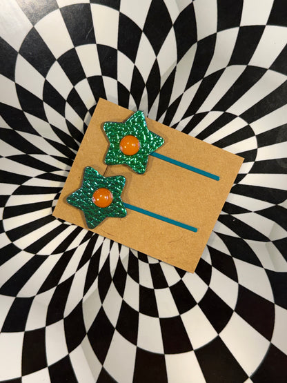 Colorful Leather Flower & Star Bobby Pins – Handmade Hair Clips! Hair thingies!