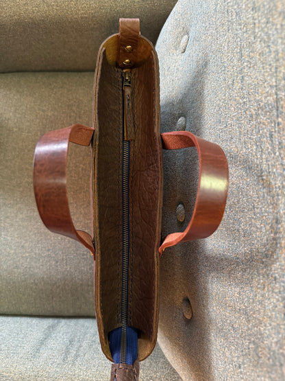 J2B "Johnny Two Bags" Hand sewn leather tote bag - zip top work tote & travel carry - on