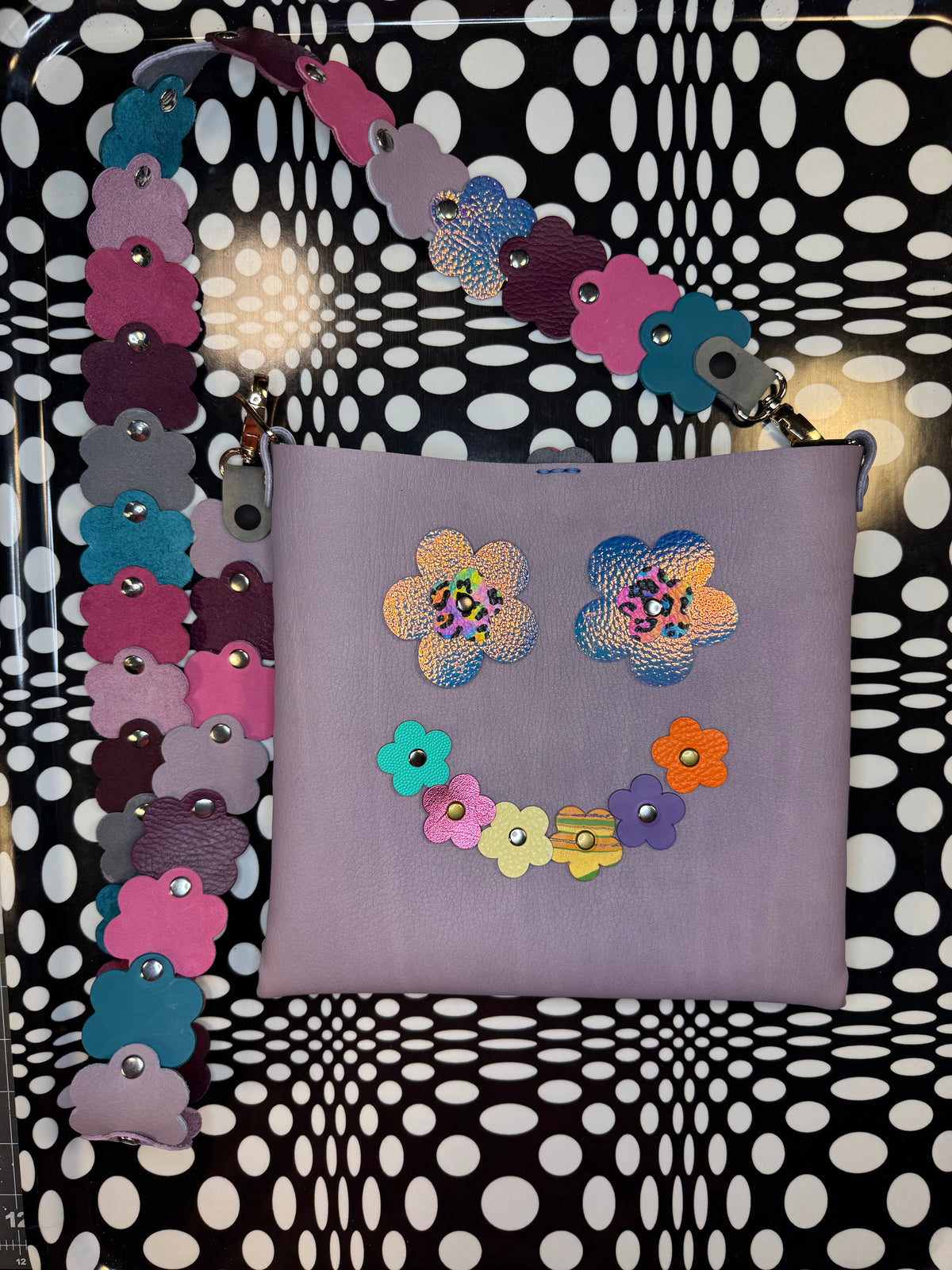 Mood Swing Bag | Reversible Happy Face & Sad Face Handmade Leather Bag with Flower Strap