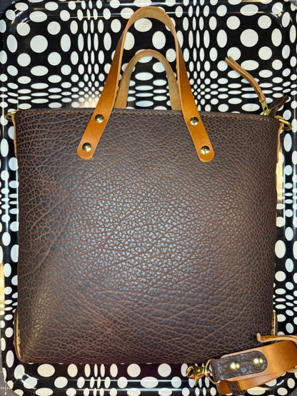 J2B "Johnny Two Bags" Hand sewn leather tote bag - zip top work tote & travel carry - on