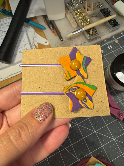 Colorful Leather Flower & Star Bobby Pins – Handmade Hair Clips! Hair thingies!
