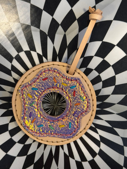 Donut! Hand sewn leather sprinkle donut bag charm, keychain, flair!