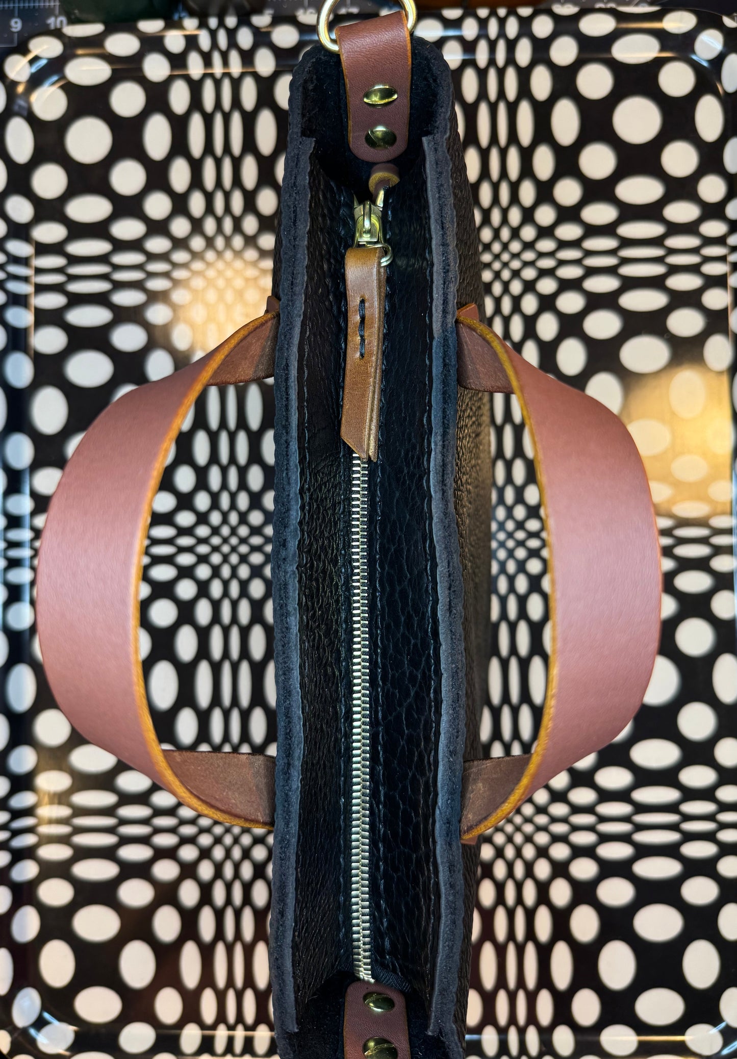 Small Johnny Two Bags! Hand sewn leather zip top laced tote bag! Work purse, travel carry on!