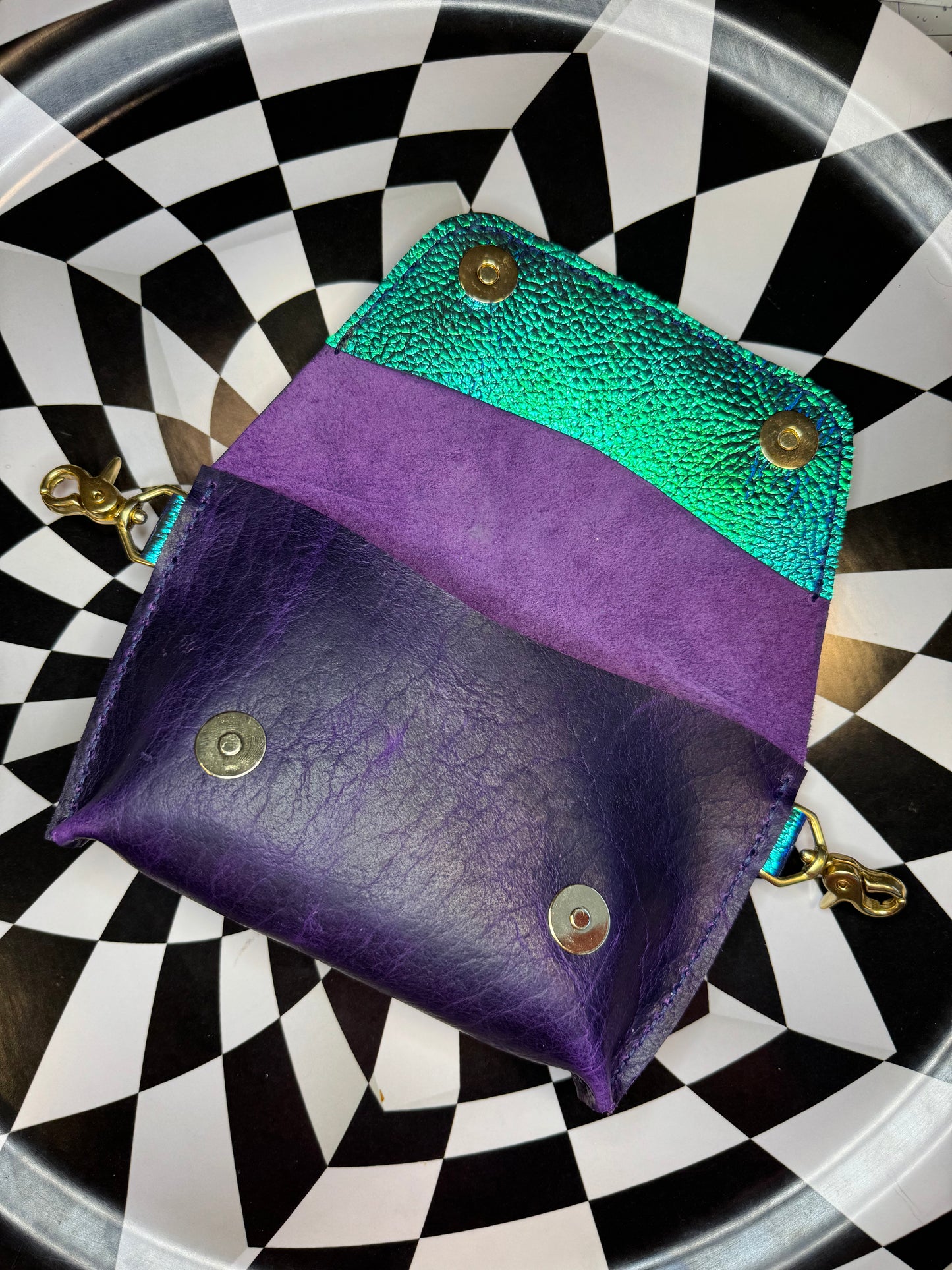 Love bug clip on hand sewn leather bum bag with marble dyed pocket! Handmade leather Fanny pack!