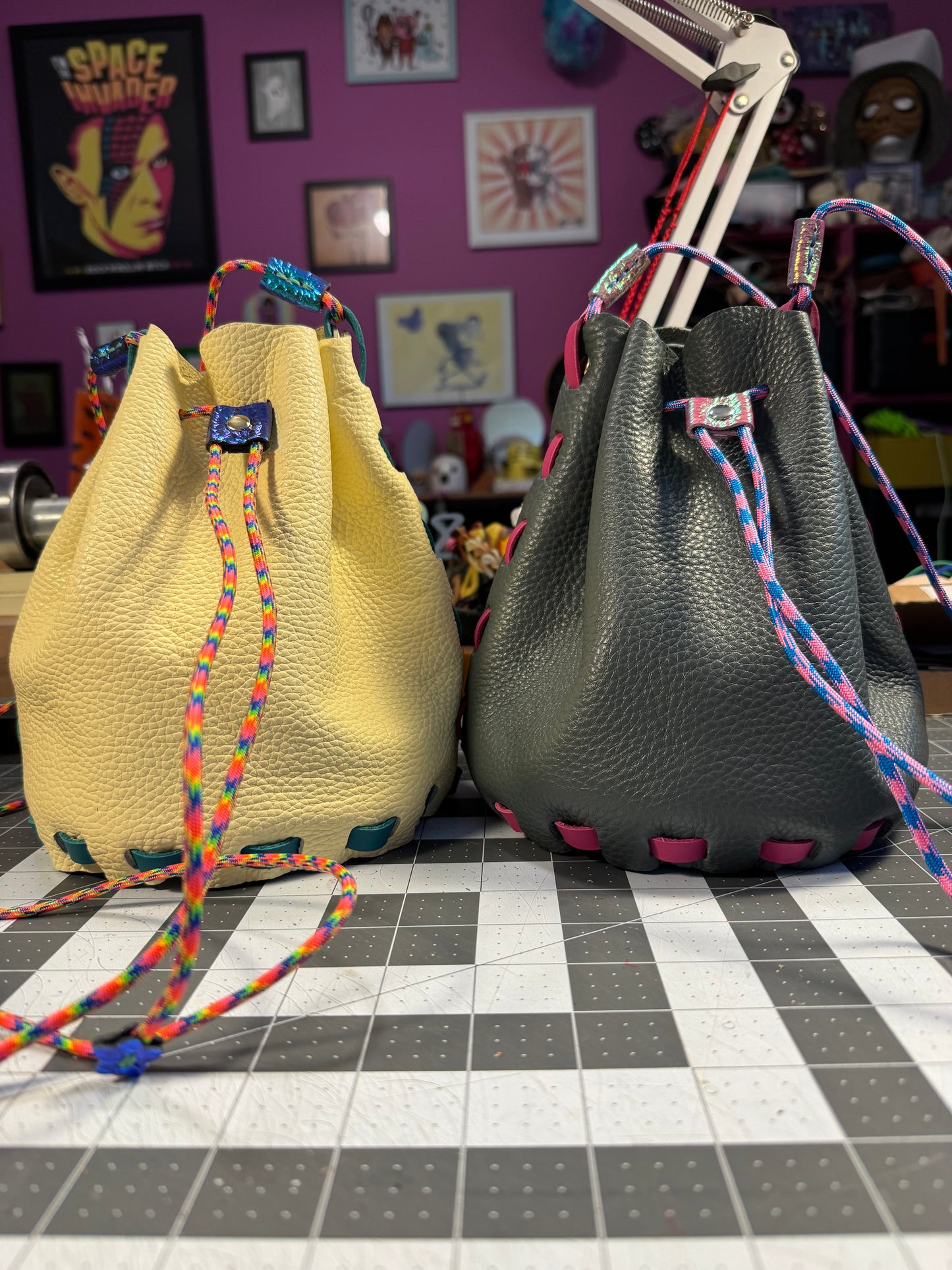 The Wombler! Paracord drawstring bucket bag! Hand sewn leather crossbody catch all purse!