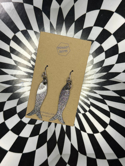 Sardine girl summer leather fish earrings! Lightweight hypoallergenic surgical steel hooks!