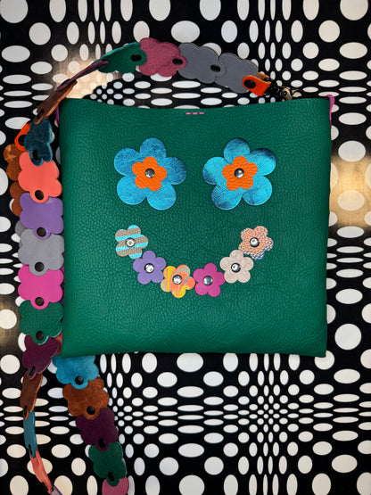 Mood Swing Bag | Reversible Happy Face & Sad Face Handmade Leather Bag with Flower Strap